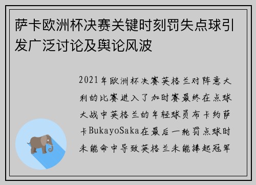 萨卡欧洲杯决赛关键时刻罚失点球引发广泛讨论及舆论风波