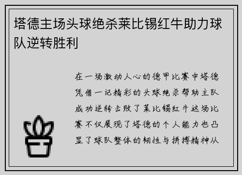 塔德主场头球绝杀莱比锡红牛助力球队逆转胜利